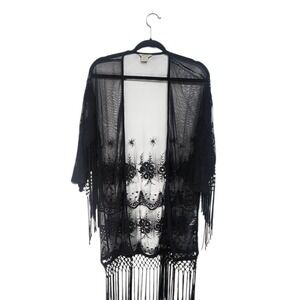 Ariat Kimono Wrap Women XS/S Black Excellent Embroidered Fringe Mesh Eyelet Boho